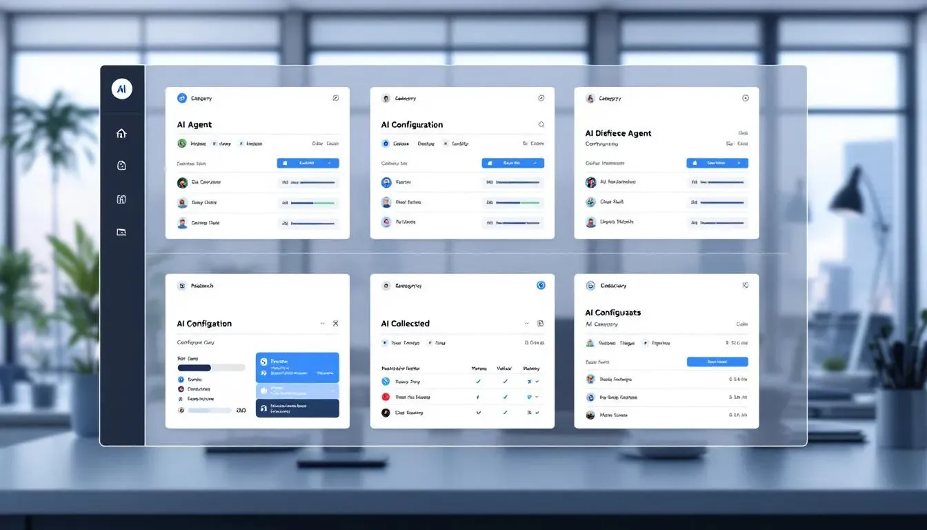 Übersichtliche Darstellung sechs verschiedener KI-Agent-Konfigurationen auf einem modernen Dashboard-Interface, professionelles Büroumfeld