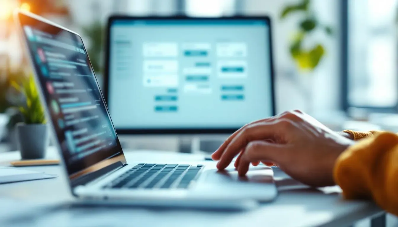 Fachmann am Laptop wählt zwischen verschiedenen digitalen Konfigurationsoptionen auf einem großen Bildschirm mit strukturiertem Auswahlmenü