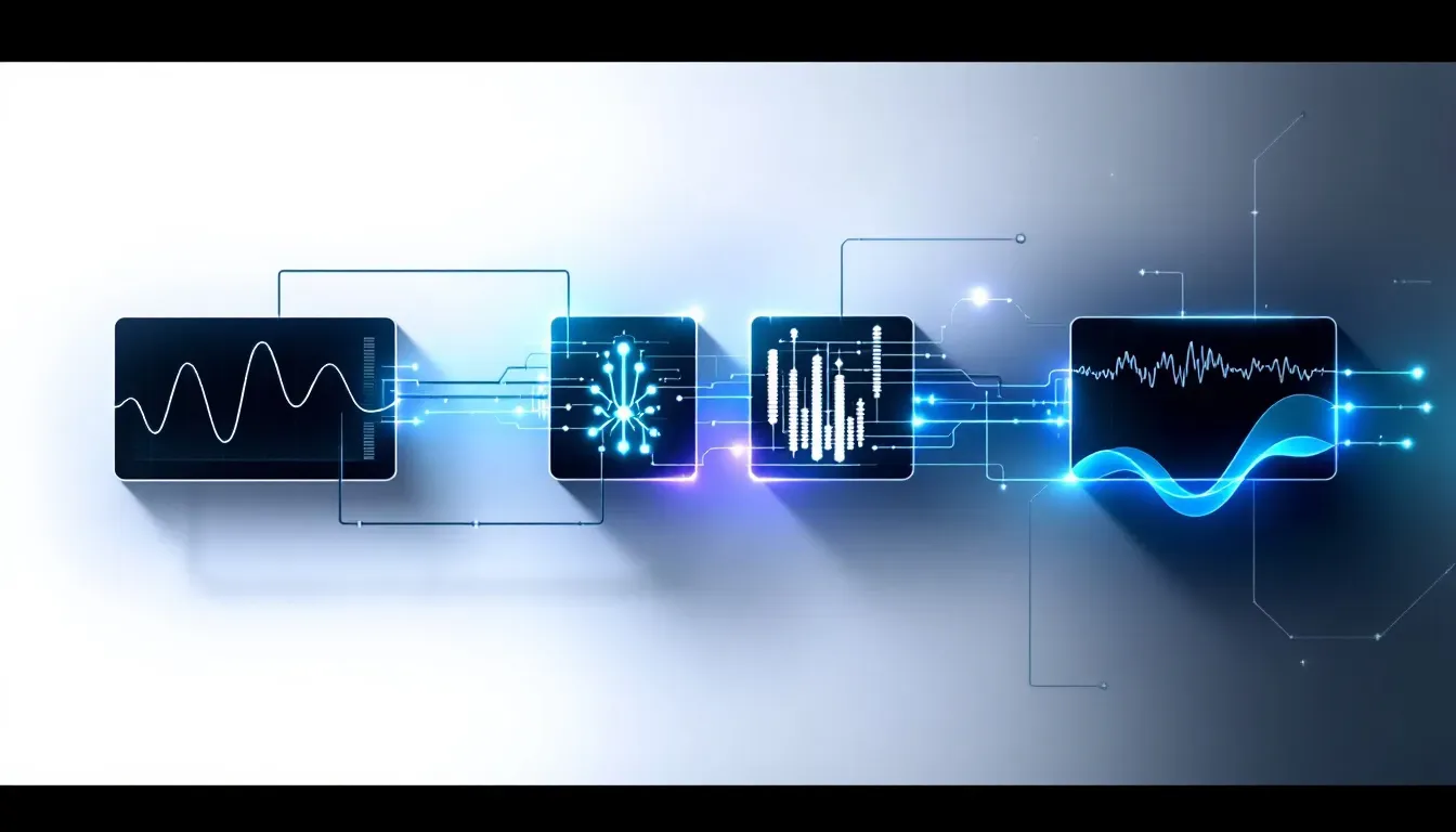 Abstrakte Visualisierung eines Datenflusses durch drei Verarbeitungsstufen — Spracherkennung, KI-Analyse, Sprachsynthese — mit fließenden digitalen Verbindungslinien in Dunkelblau und Teal