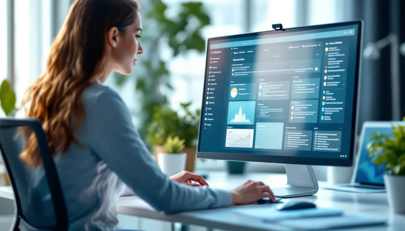 Person an einem aufgeräumten modernen Schreibtisch strukturiert Inhalte auf einem großen Monitor — übersichtliche Dokumentenhierarchie, klare Ordnerstruktur, helle professionelle Büroatmosphäre