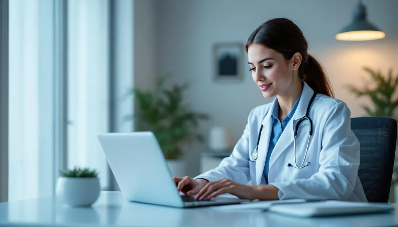 Ärztin im weißen Kittel an ihrem Schreibtisch, entspannte Atmosphäre im medizinischen Büro
