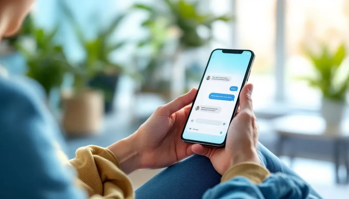 Patient nutzt Smartphone in einem Wartezimmer mit Pflanzen und hellem Licht, Chat-Interface sichtbar