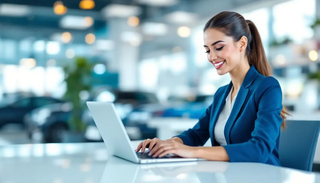 Verkäufer im modernen Autohaus-Showroom erklärt Fahrzeugeigenschaften an einem Fahrzeug, professionelle Atmosphäre