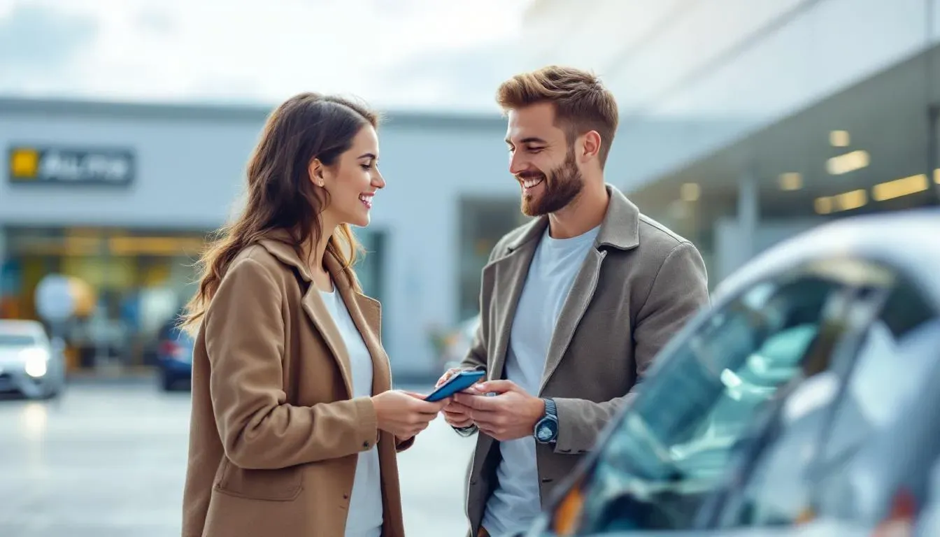 Junges Paar betrachtet ein Fahrzeug auf einem Autohaus-Gelände, modern und freundlich, Tageslicht