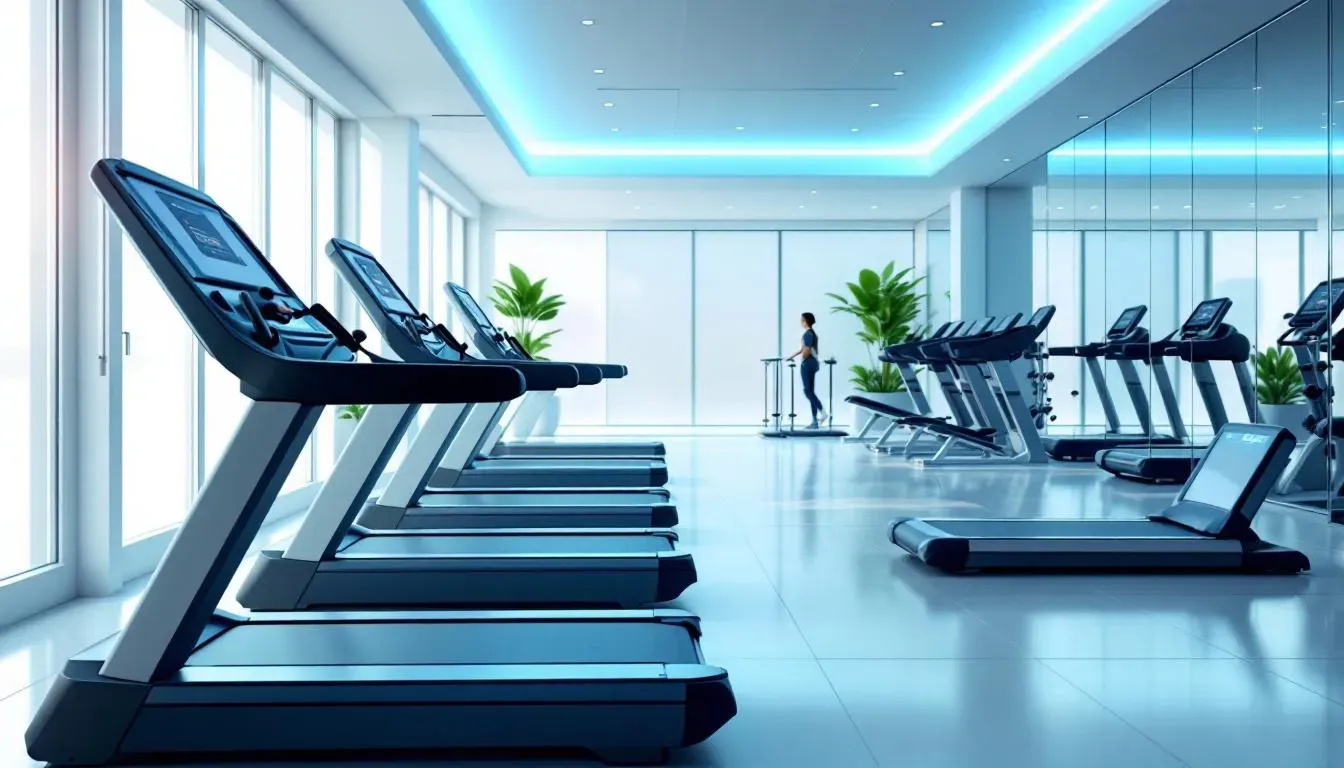 Modernes Fitnessstudio mit Trainingsgeräten, freundlicher Empfangsbereich, helles Licht