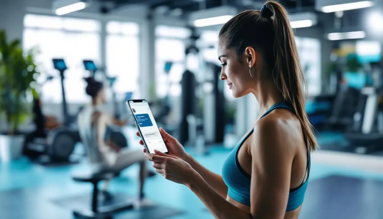 Person nutzt Smartphone im Fitnessstudio, Chat-Oberfläche auf dem Display, Trainingsgeräte im Hintergrund