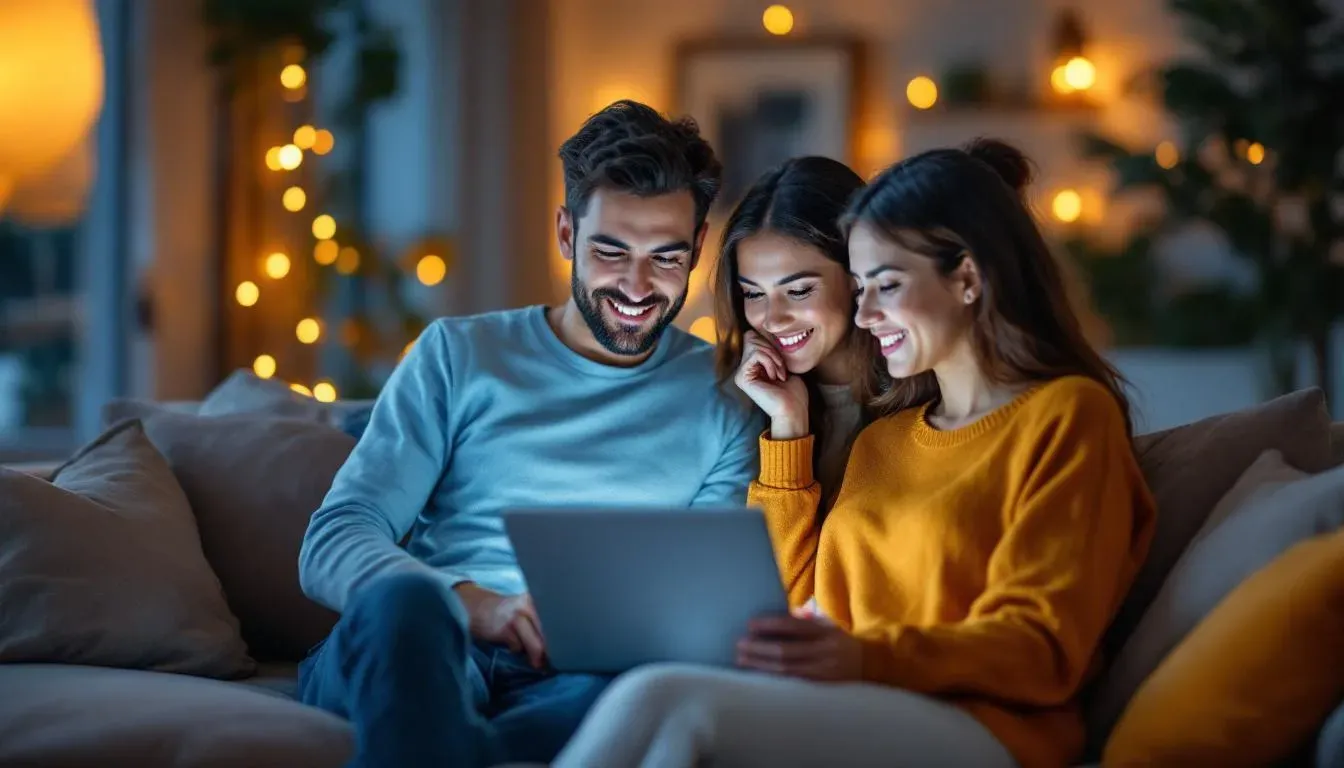 Immobilienmakler zeigt einem Interessentenpaar eine Wohnung auf einem Tablet