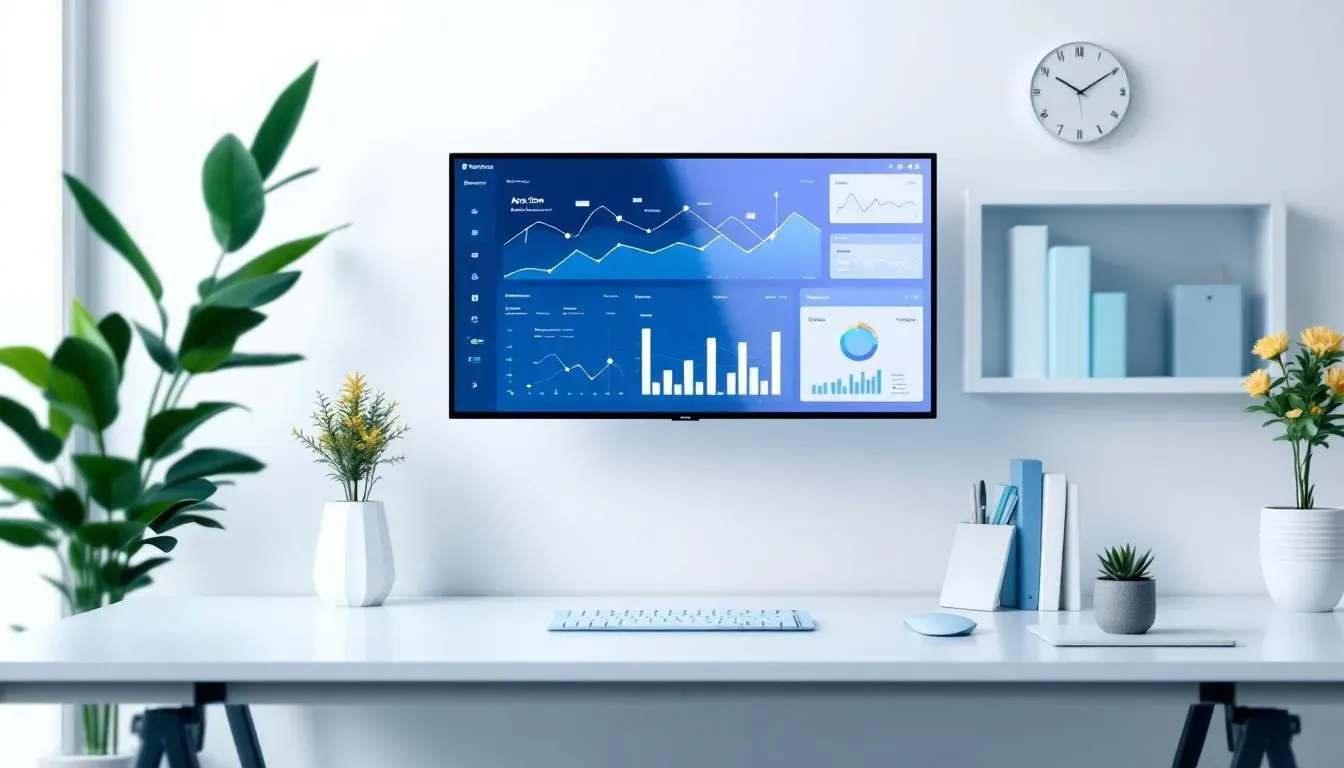 Modernes Büro eines Immobilienmaklers mit digitalem Dashboard und Gesprächsnotizen