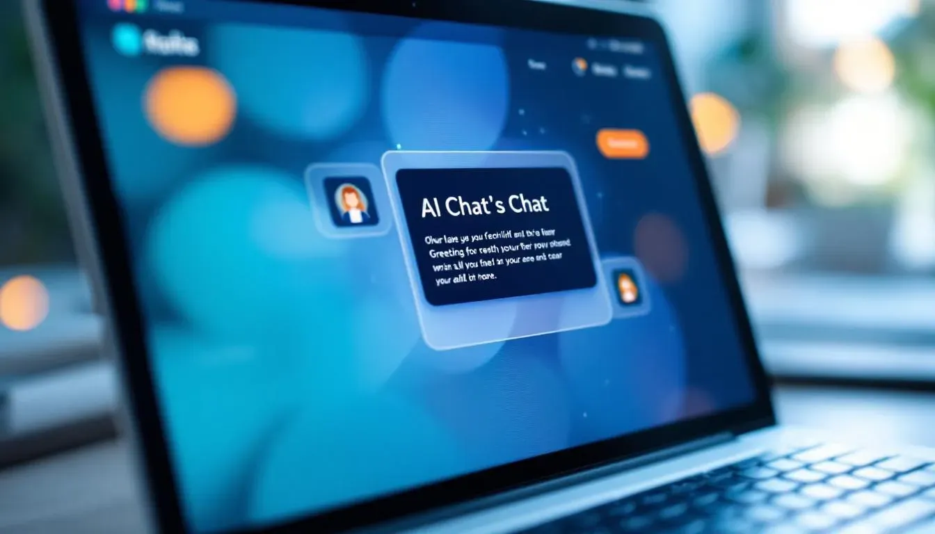 Nahaufnahme eines Laptop-Bildschirms mit einem Chat-Widget in der unteren rechten Ecke, das eine freundliche Begrüßungsnachricht anzeigt, heller Hintergrund