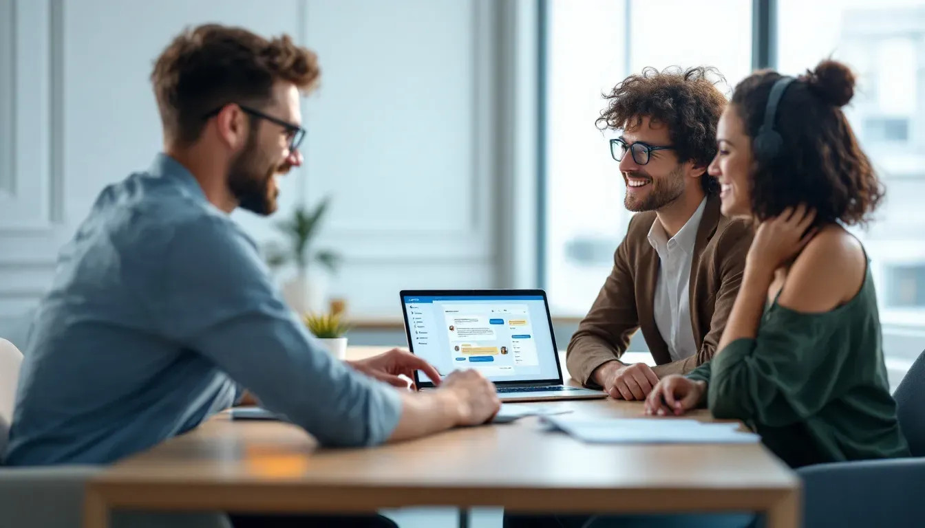 Zwei Personen sitzen an einem Besprechungstisch mit einem aufgeklappten Laptop, der eine Website mit einem Chat-Interface zeigt – entspannte, professionelle Atmosphäre in einem modernen hellen Büro