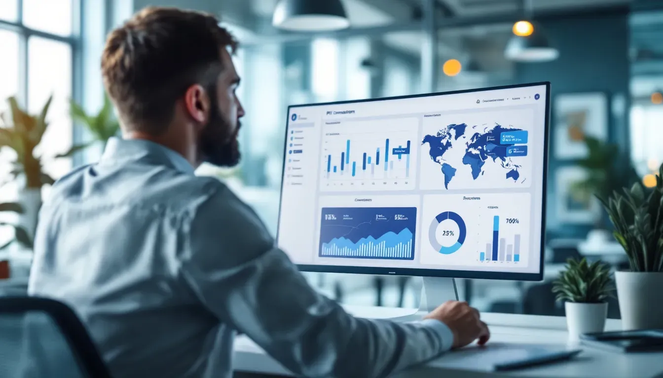 Business-Analyst betrachtet auf einem Monitor ein KPI-Dashboard mit Gesprächsmetriken und Verlaufsdiagrammen für einen KI-Chat-Agenten, modernes helles Büro