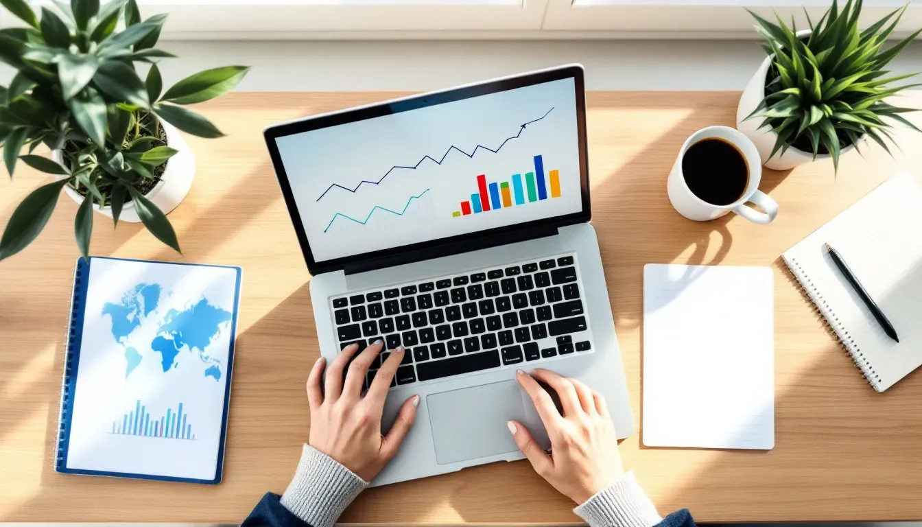 Draufsicht auf einen hellen Schreibtisch mit aufgeklapptem Laptop, der Balkendiagramme und Trendlinien zeigt, daneben ein Notizbuch und eine Kaffeetasse