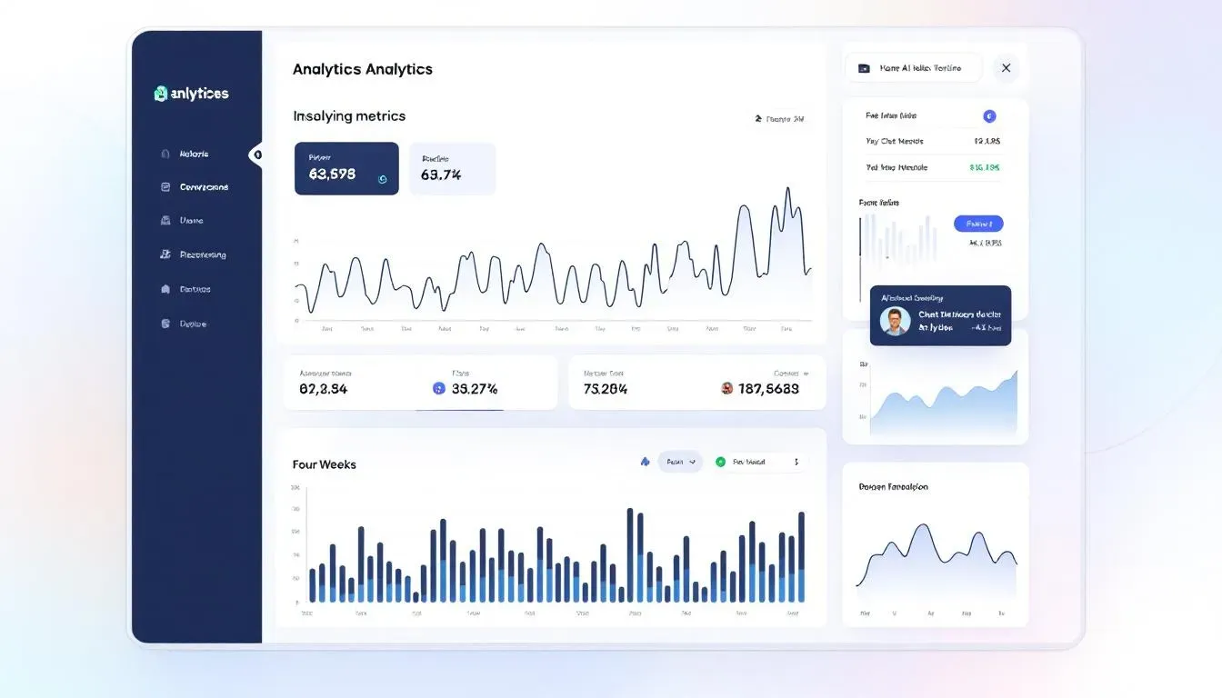 Digitales Dashboard zeigt Analytics-Kurven eines KI Voice-Chat-Agenten mit steigendem Gesprächsvolumen über vier Wochen