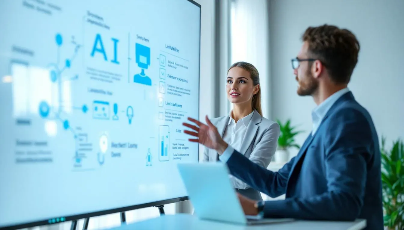Geschäftsfrau erklärt einem Kollegen am Whiteboard die Stärken und Grenzen von KI-Systemen, modernes Büro mit großen Fenstern