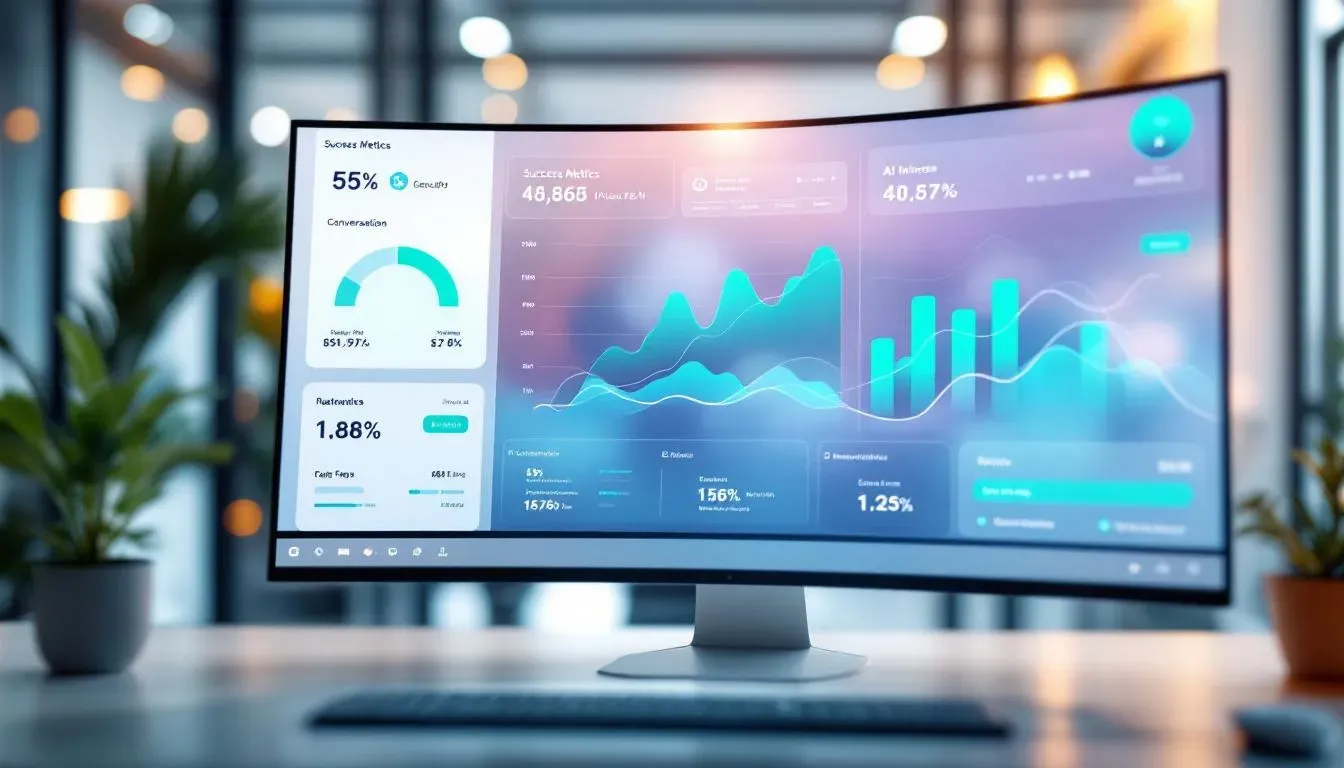 Elegantes Dashboard-Interface eines KI-Agenten mit grünen Erfolgsmetriken und Konversationsverläufen auf einem großen Monitor