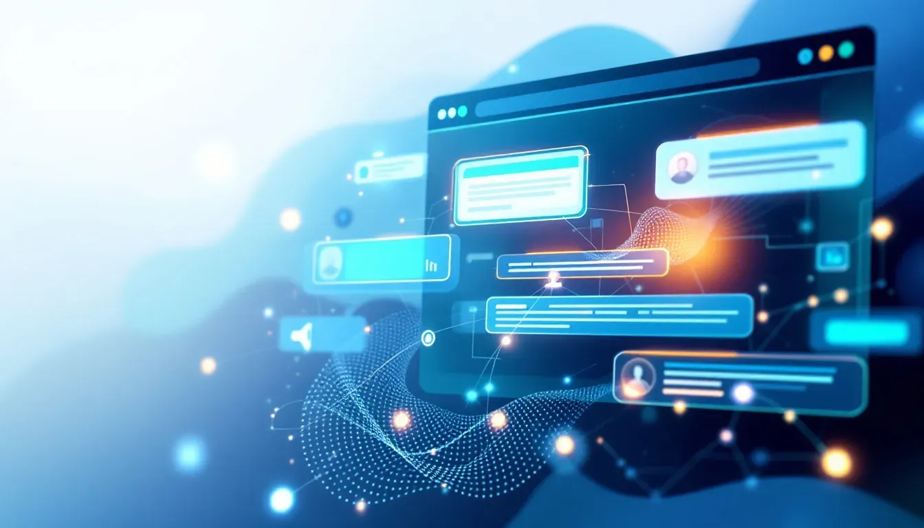 Abstrakte Visualisierung einer Website-Oberfläche mit kontextbewusstem Voice-Chat-Overlay, glühende Verbindungslinien zwischen Seitenelementen und Chat-Blasen, modernes digitales Konzept in Dunkelblau und Teal