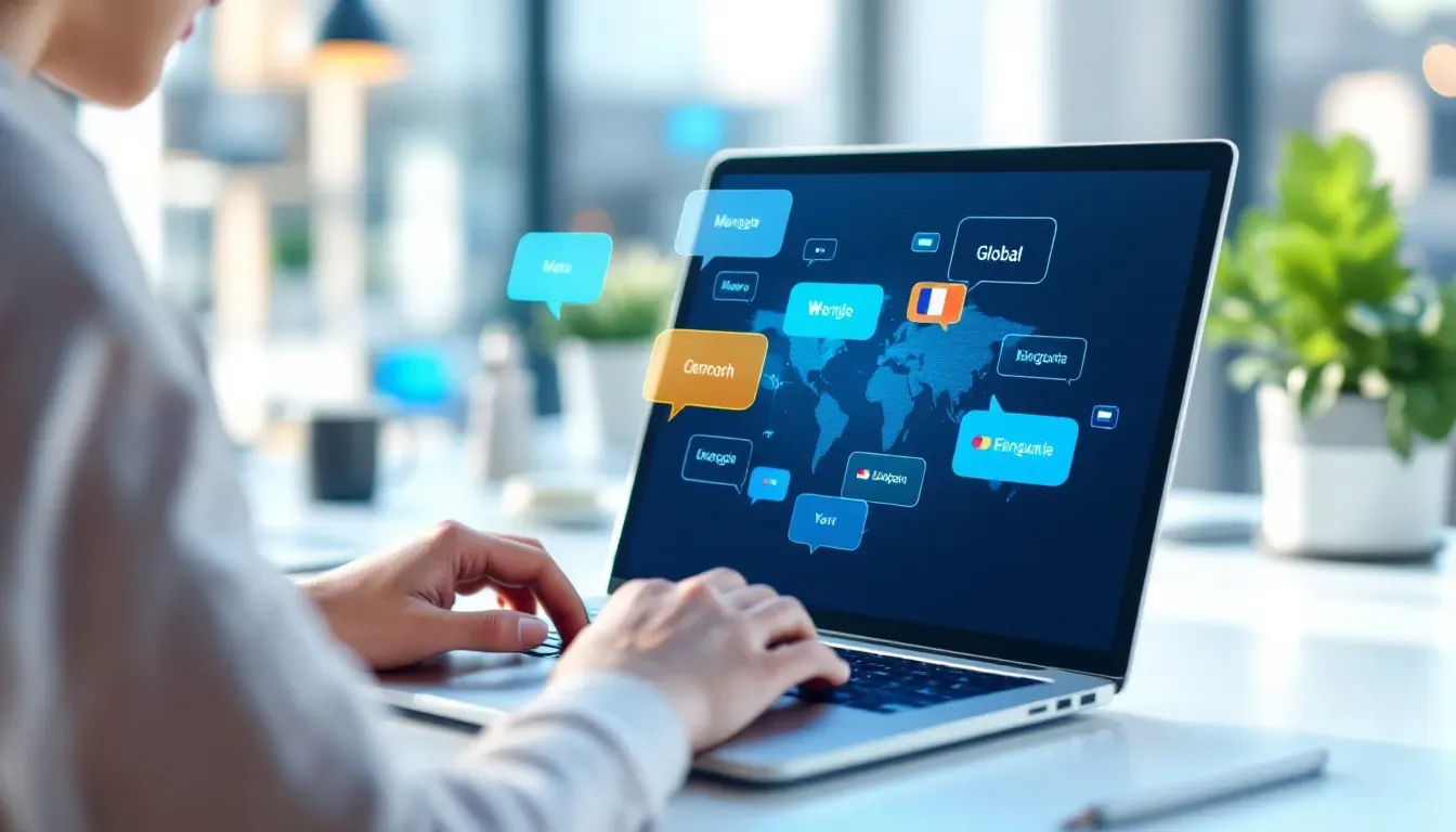 Person am Laptop in einem hellen modernen Büro, auf dem Bildschirm Sprachblasen in verschiedenen Sprachen, internationale Kommunikation und globale Zusammenarbeit, professionelle Atmosphäre