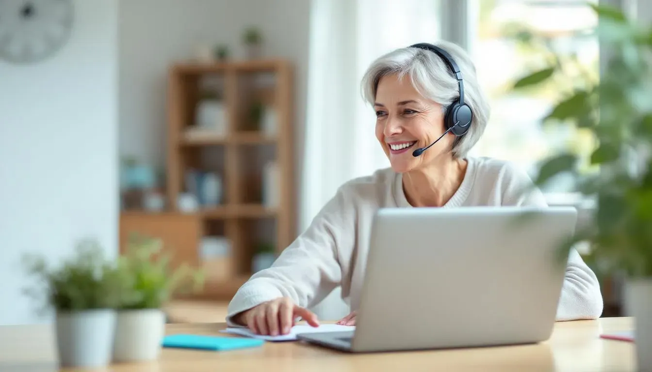 Ältere Versicherte spricht entspannt mit einem KI Voice-Chat-Agenten am Laptop