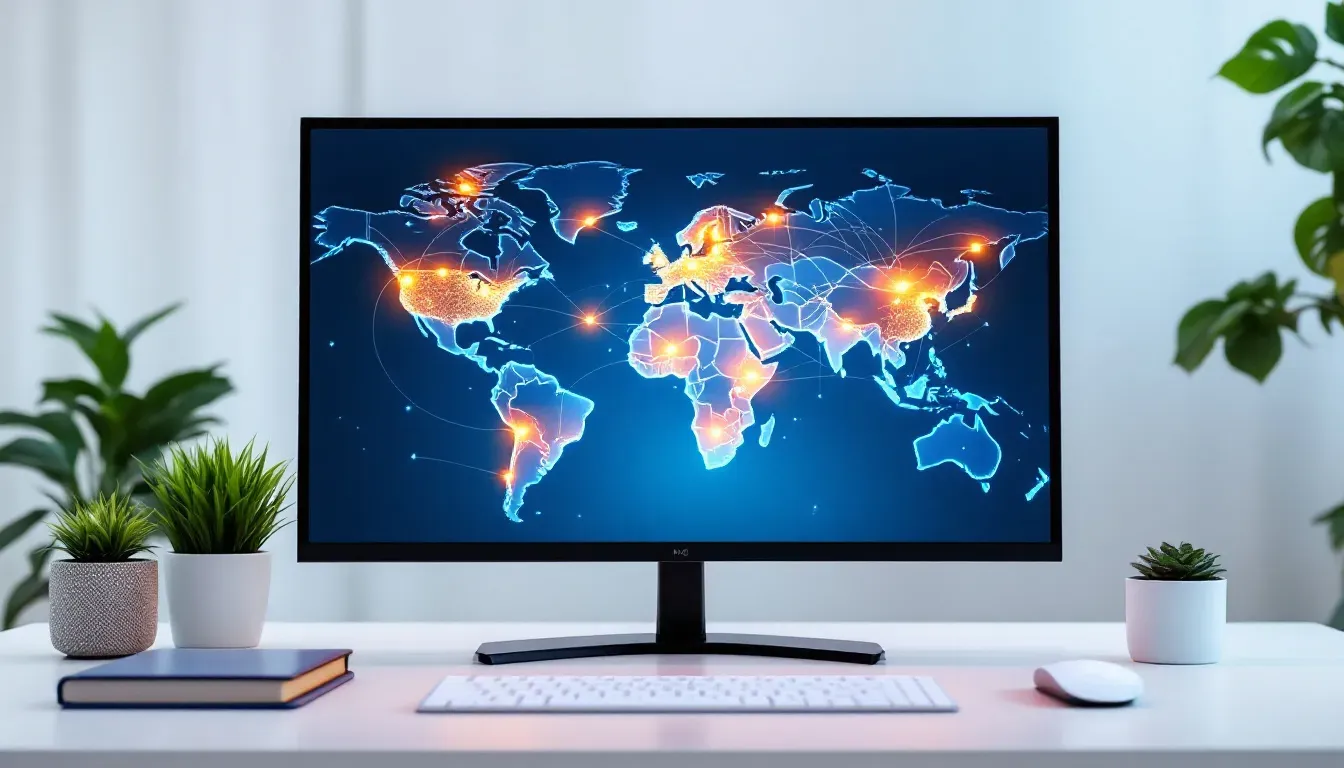 Weltkarte mit leuchtenden Verbindungslinien zwischen europäischen und internationalen Städten auf einem Monitor, symbolisiert mehrsprachige digitale Kommunikation, heller Schreibtisch