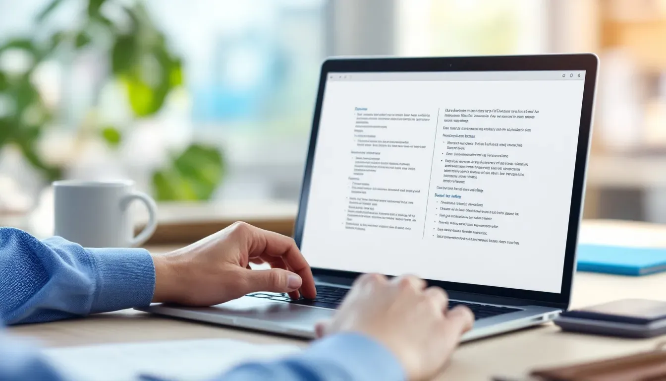 Person am Laptop bearbeitet mehrsprachige Textdokumente nebeneinander auf dem Bildschirm, helles modernes Büro, ruhige konzentrierte Atmosphäre