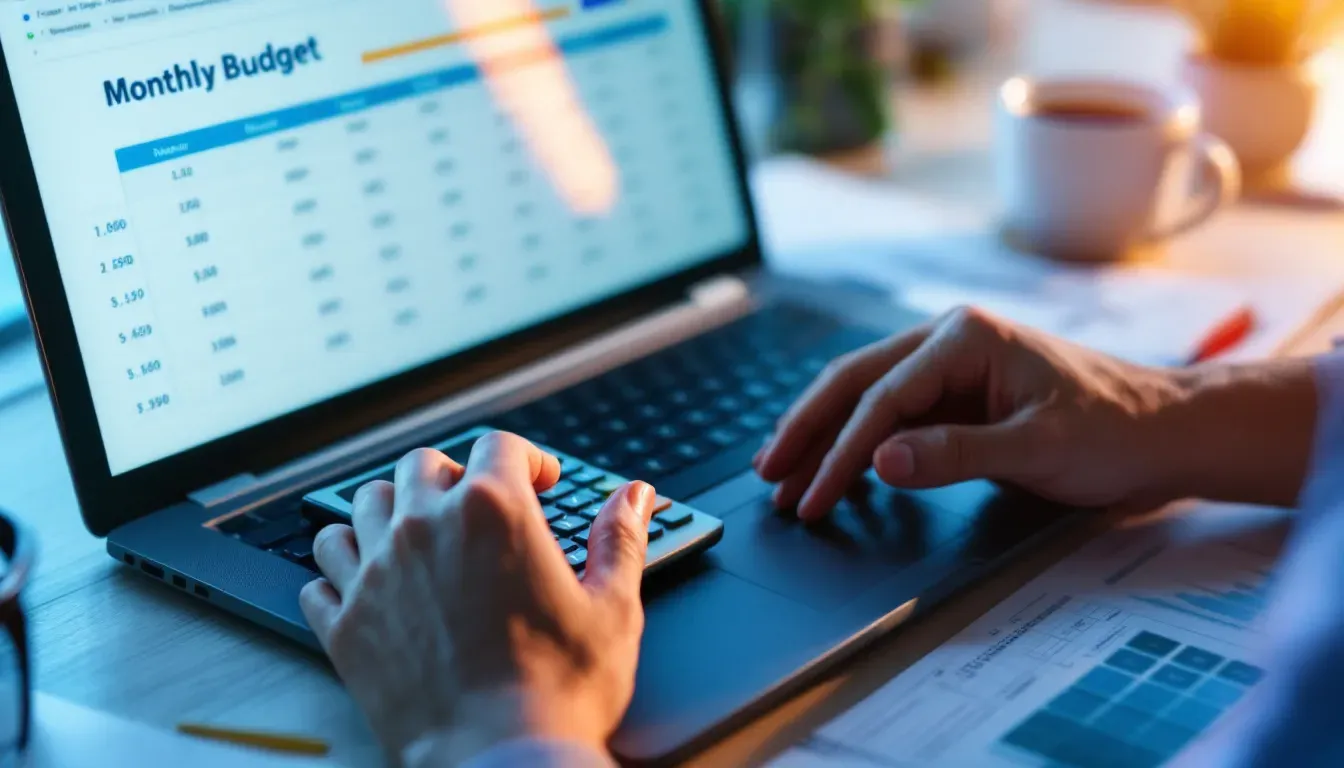 Person kalkuliert am Laptop ein monatliches Budget für einen KI-Agenten mit Taschenrechner und Notizen