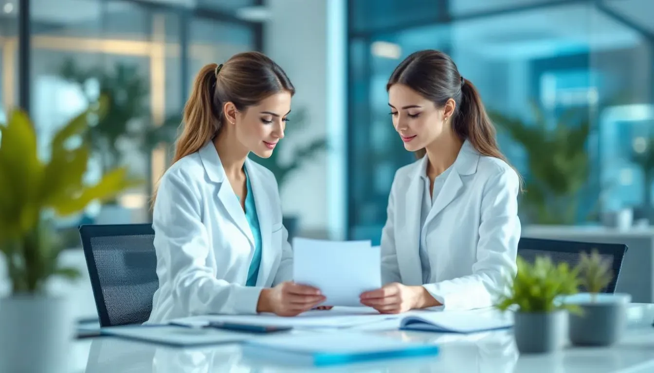 Rechtsanwältin im modernen Büro erklärt Unterlagen an einem Besprechungstisch