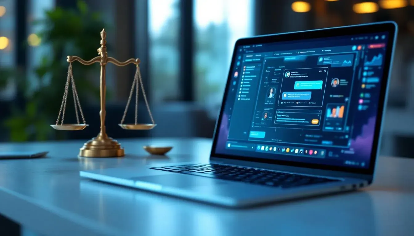 Laptop auf einem Schreibtisch mit Chat-Interface und Justitia-Symbol im Hintergrund