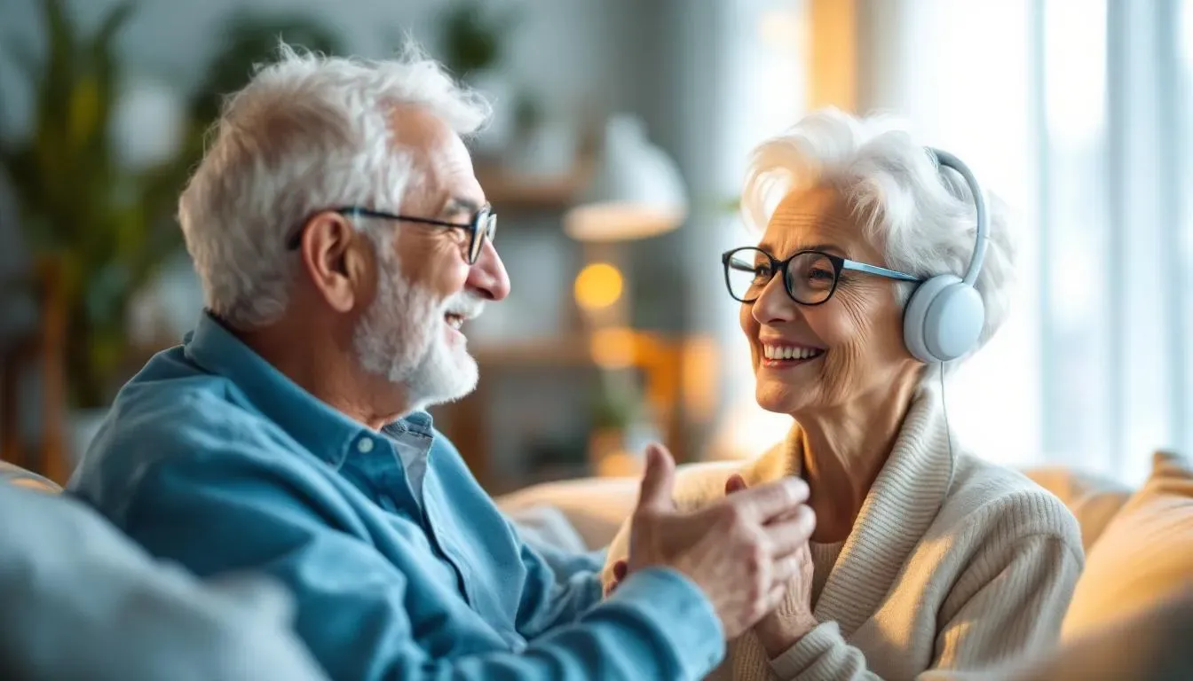 Ältere Person spricht natürlich mit einem sprachbasierten Assistenzsystem