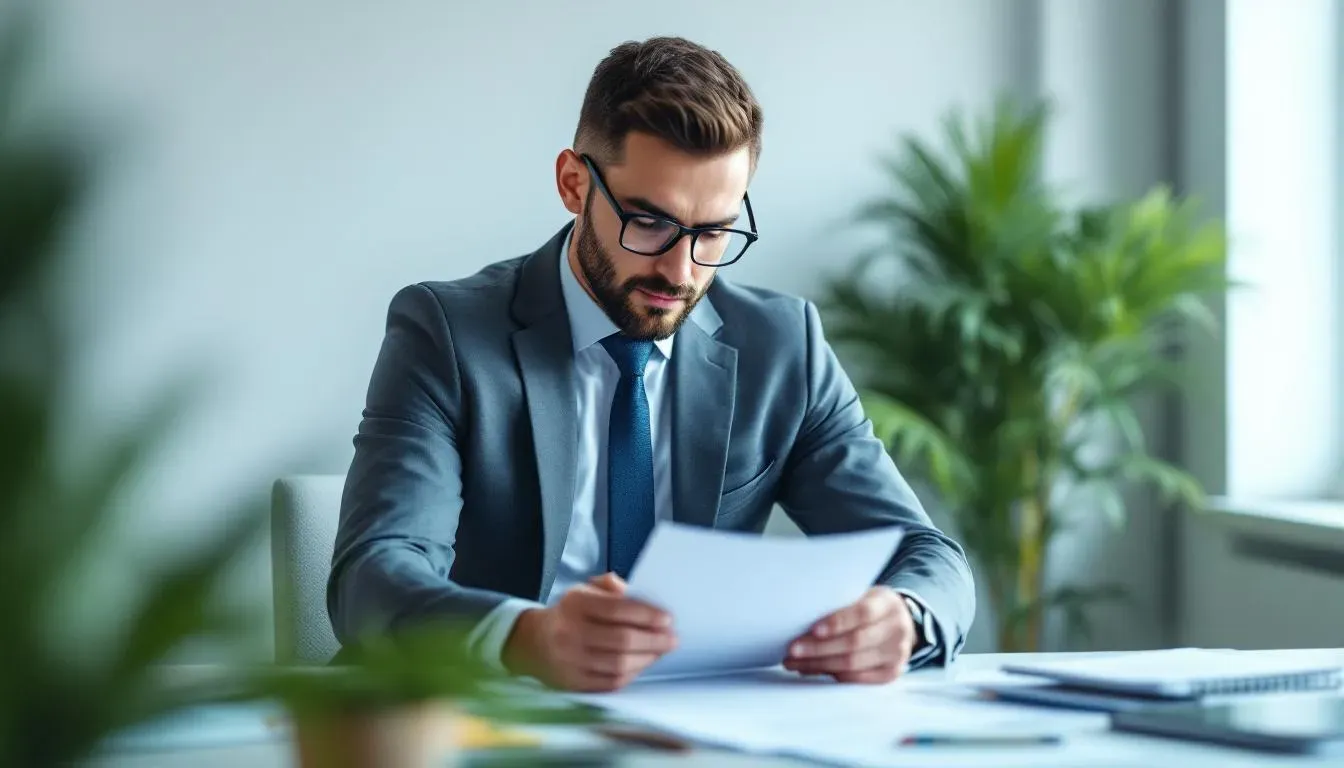 Steuerberater am Schreibtisch mit Dokumentenstapel und digitalem Dashboard