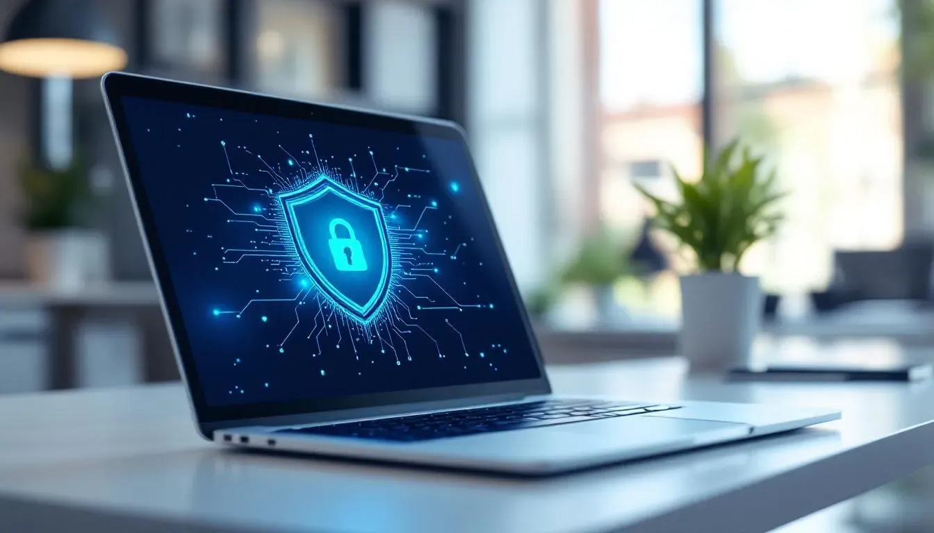 Sicheres digitales Schutzsymbol auf einem Laptop-Bildschirm in einem modernen Büro