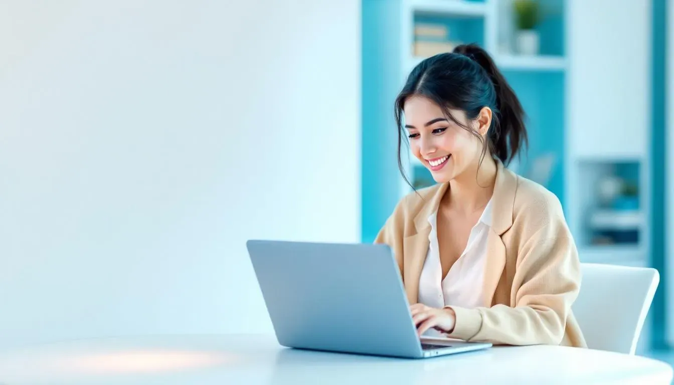 Kundin berät sich mit einem KI Voice Agent beim Online-Shopping auf dem Laptop