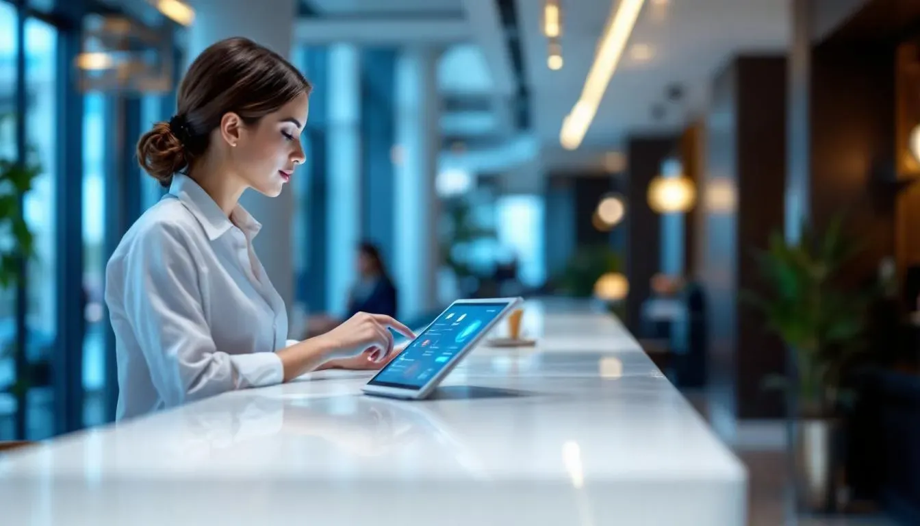 Modernes Hotel-Rezeptionsbereich mit digitalem Voice Agent Interface – Mitarbeiterin am Tablet