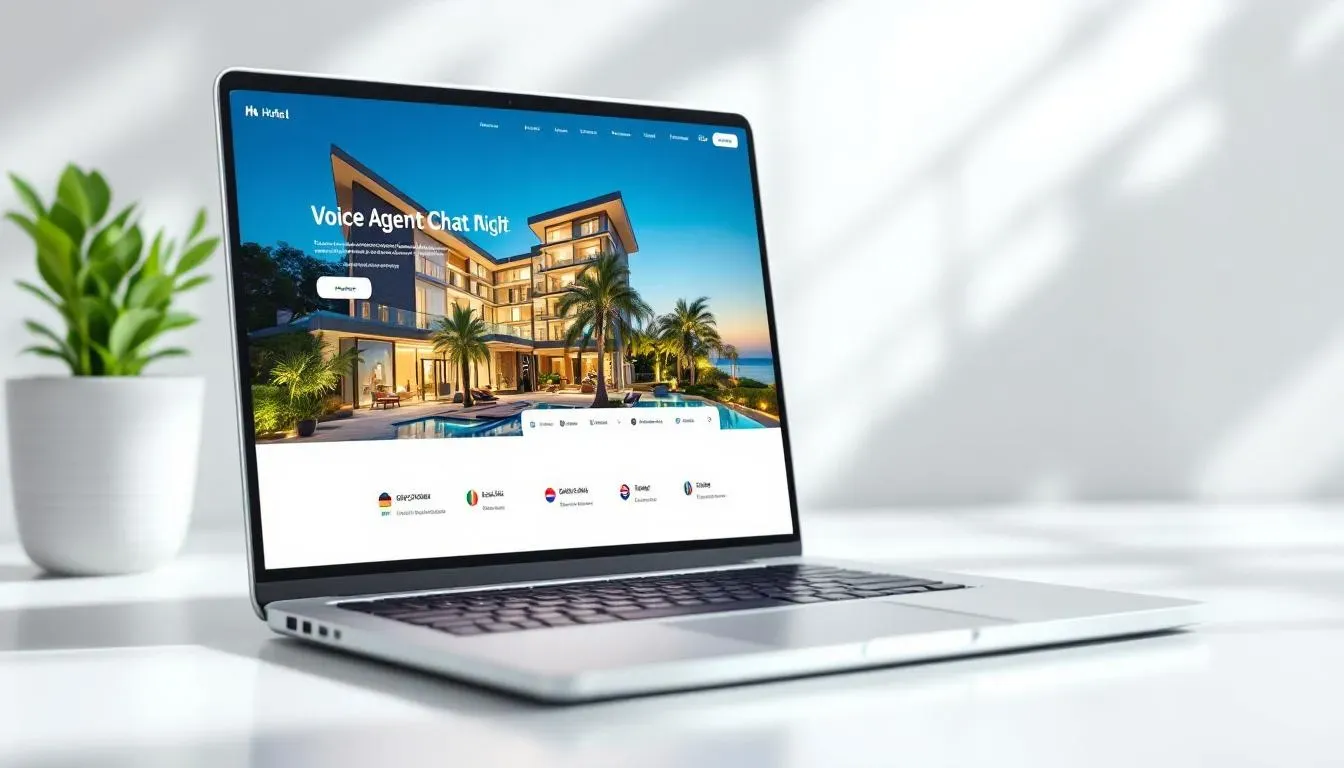Hotel-Website auf Laptop mit geöffnetem Voice Agent Chat-Widget – mehrsprachige Gästeinteraktion