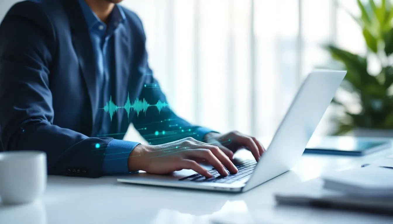 Fachkraft nutzt KI Voice Interface im modernen Büro – Sprachassistent auf Laptop-Bildschirm