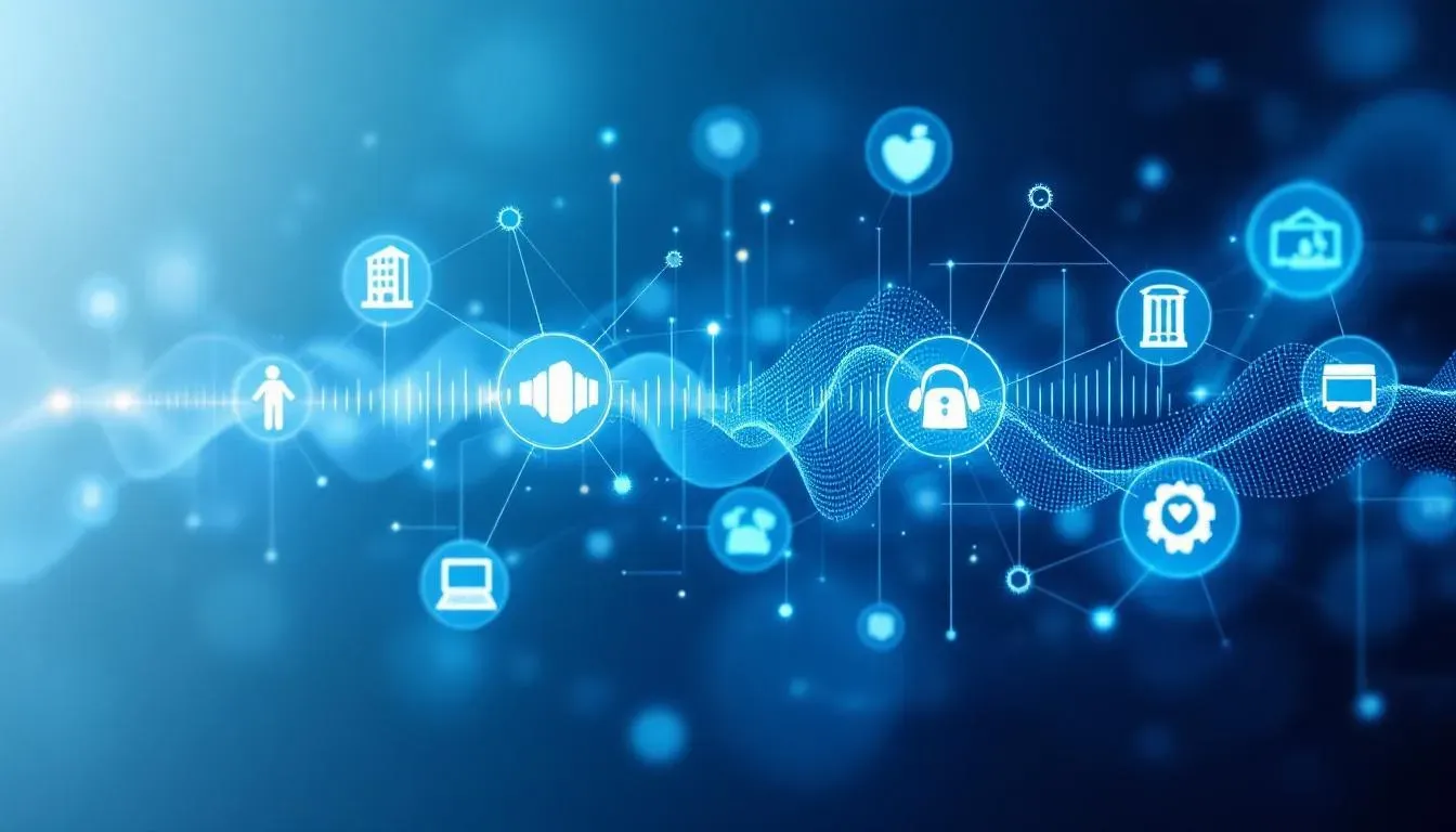 Verschiedene Branchen verbunden durch digitale Sprachkanal-Visualisierung – Hotellerie, Handel, Gesundheit, Bildung