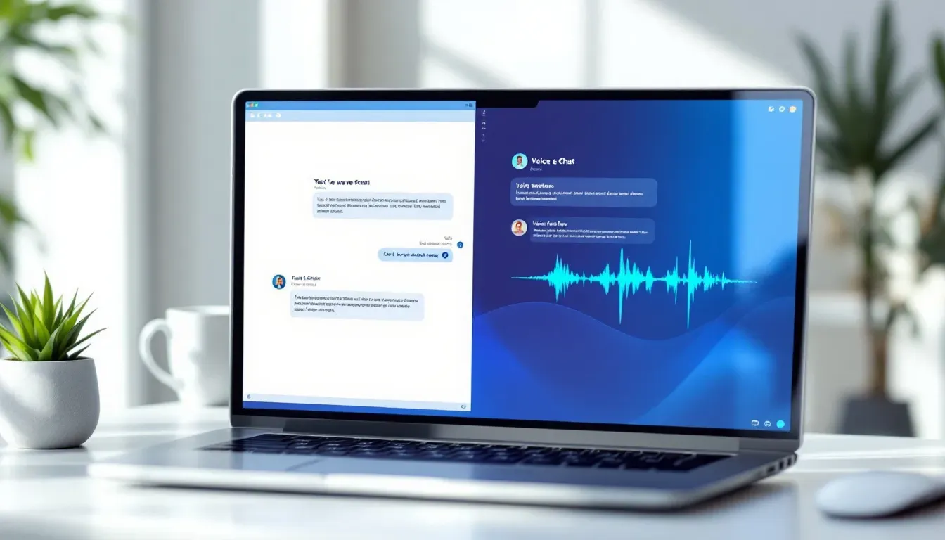 Laptop-Bildschirm zeigt ein geteiltes Interface: links ein Text-Chat-Fenster mit einer Konversation, rechts eine Voice-Chat-Oberfläche mit Sprachvisualisierung, klarer Büro-Hintergrund