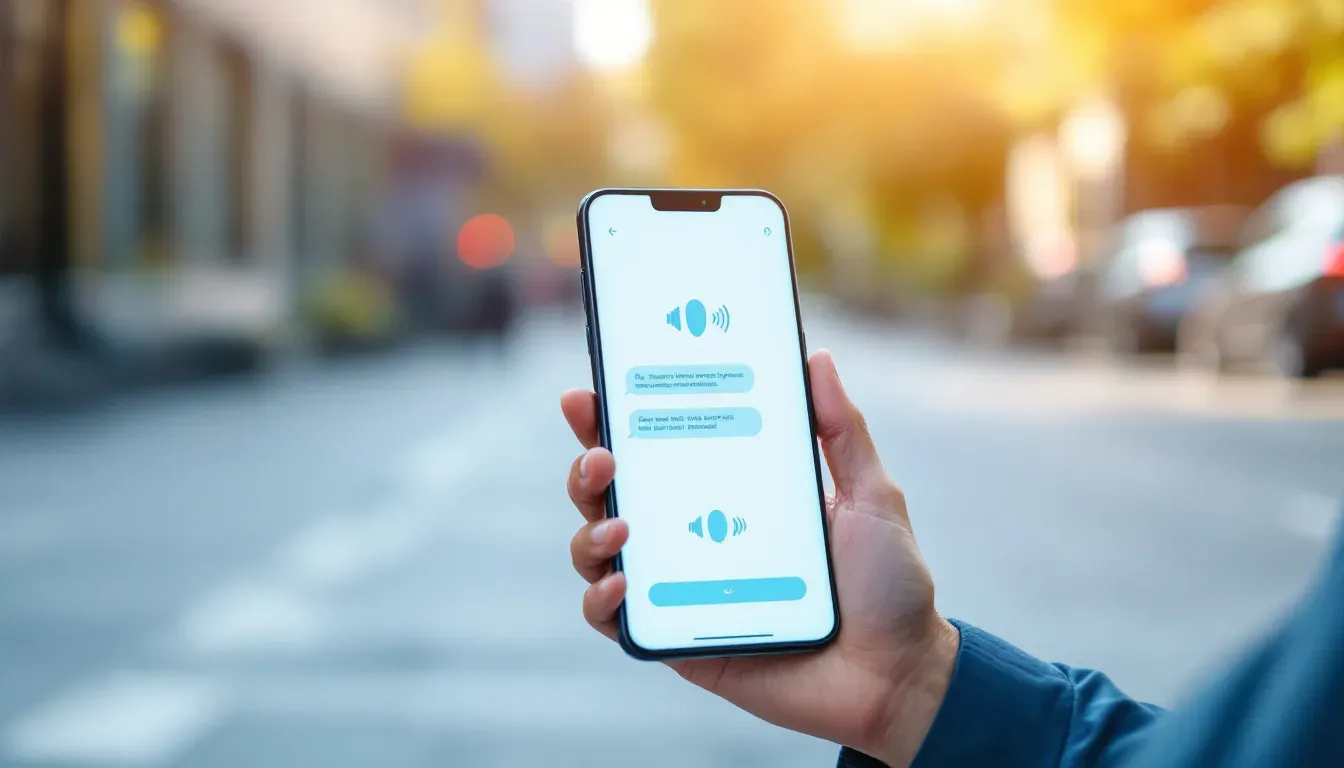 Person hält Smartphone in der Hand und spricht in den Bildschirm, auf dem ein Chat-Widget mit Sprachvisualisierung sichtbar ist, moderner urbaner Hintergrund