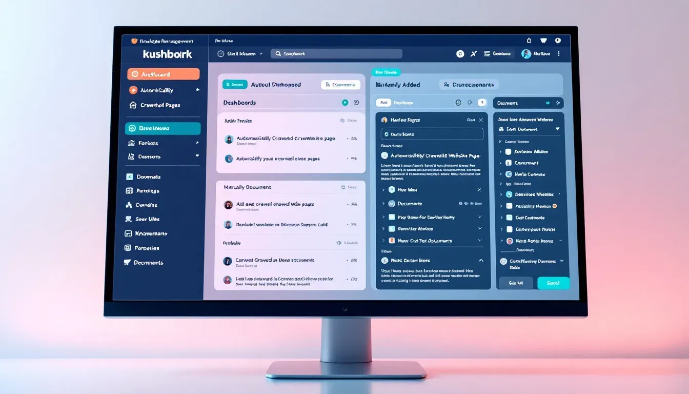 Übersichtliches Dashboard, auf dem erfasste Website-Seiten und ergänzte Dokumente einer KI-Wissensbasis nebeneinander dargestellt sind