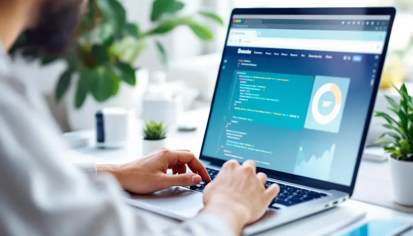 Entwicklerin fügt JavaScript-Code-Snippet in einen modernen Code-Editor ein, professioneller Arbeitsplatz mit zwei Monitoren