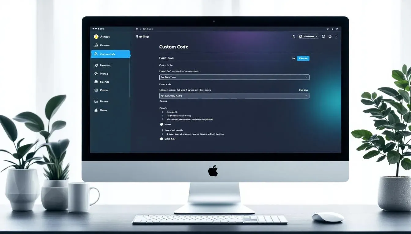 Website-CMS-Dashboard mit geöffnetem Footer-Code-Bereich, in den ein Script-Tag eingefügt wird, übersichtliche Benutzeroberfläche