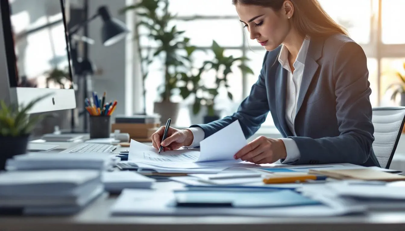 Person am Laptop, ordnet strukturierte Dokumente für eine digitale Wissensbasis, helles modernes Büro