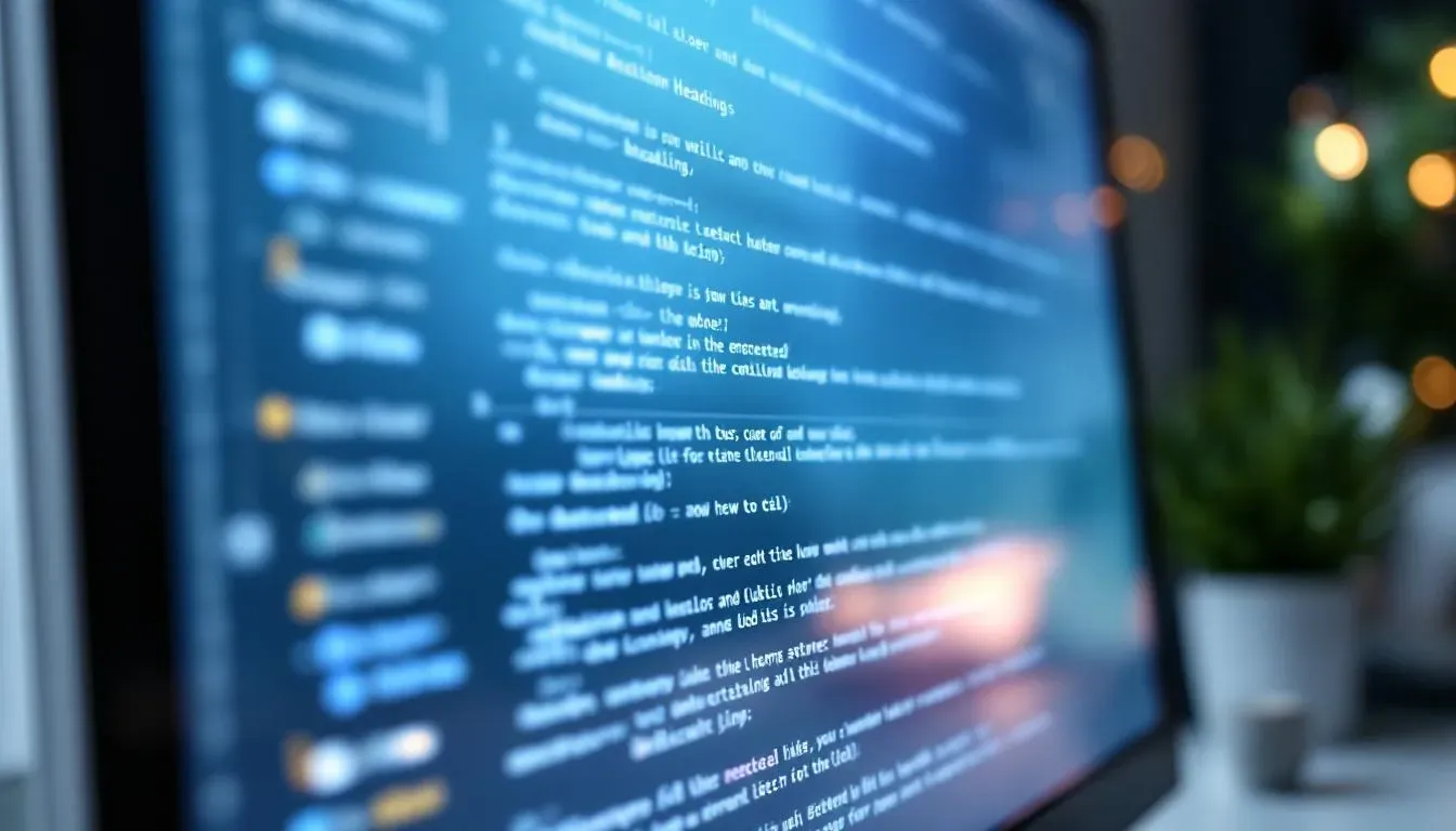 Strukturierte Markdown-Datei auf einem modernen Computermonitor, klarer Text mit Überschriften und Listen, professionelles Büro-Setting